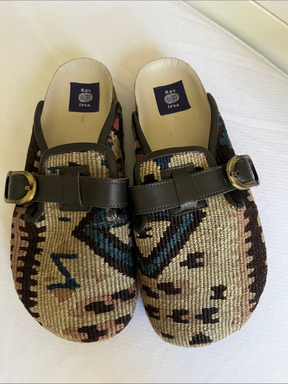 Res Ipsa Brown Patterned Wool Mules with Leather Buckle